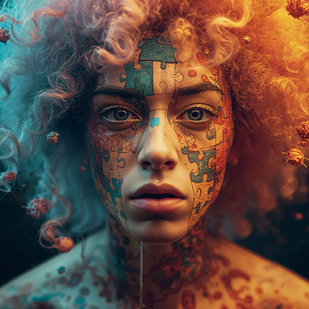 the idea of neurodivergent symptoms imprinted on a woman's face